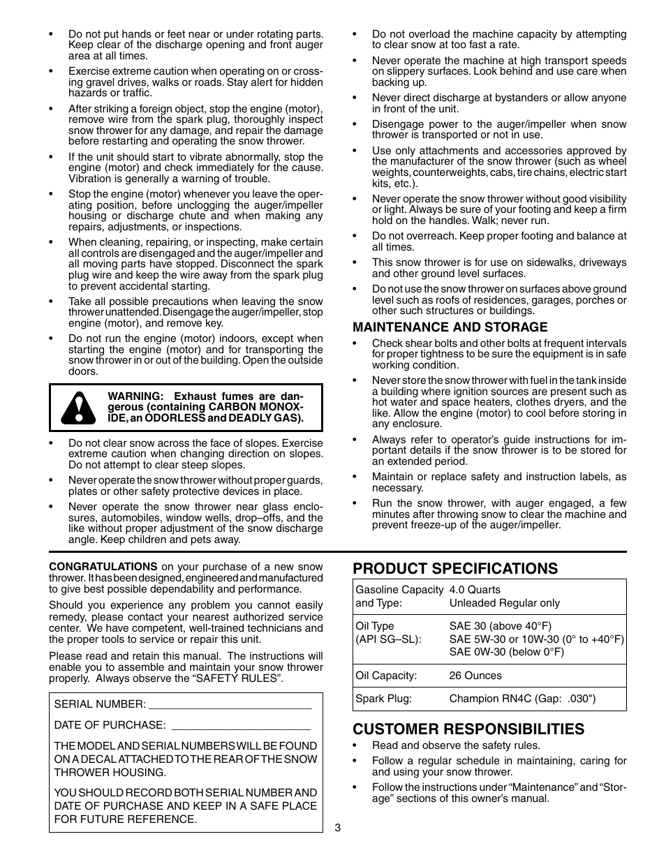 Product specifications, Customer responsibilities | Poulan 192044 User Manual | Page 3 / 20