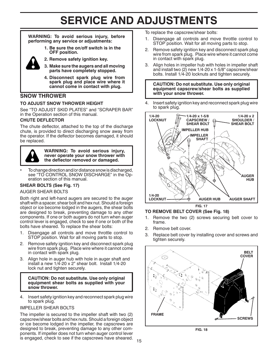 Service and adjustments, Snow thrower | Poulan XT 96192003401 User Manual | Page 15 / 40