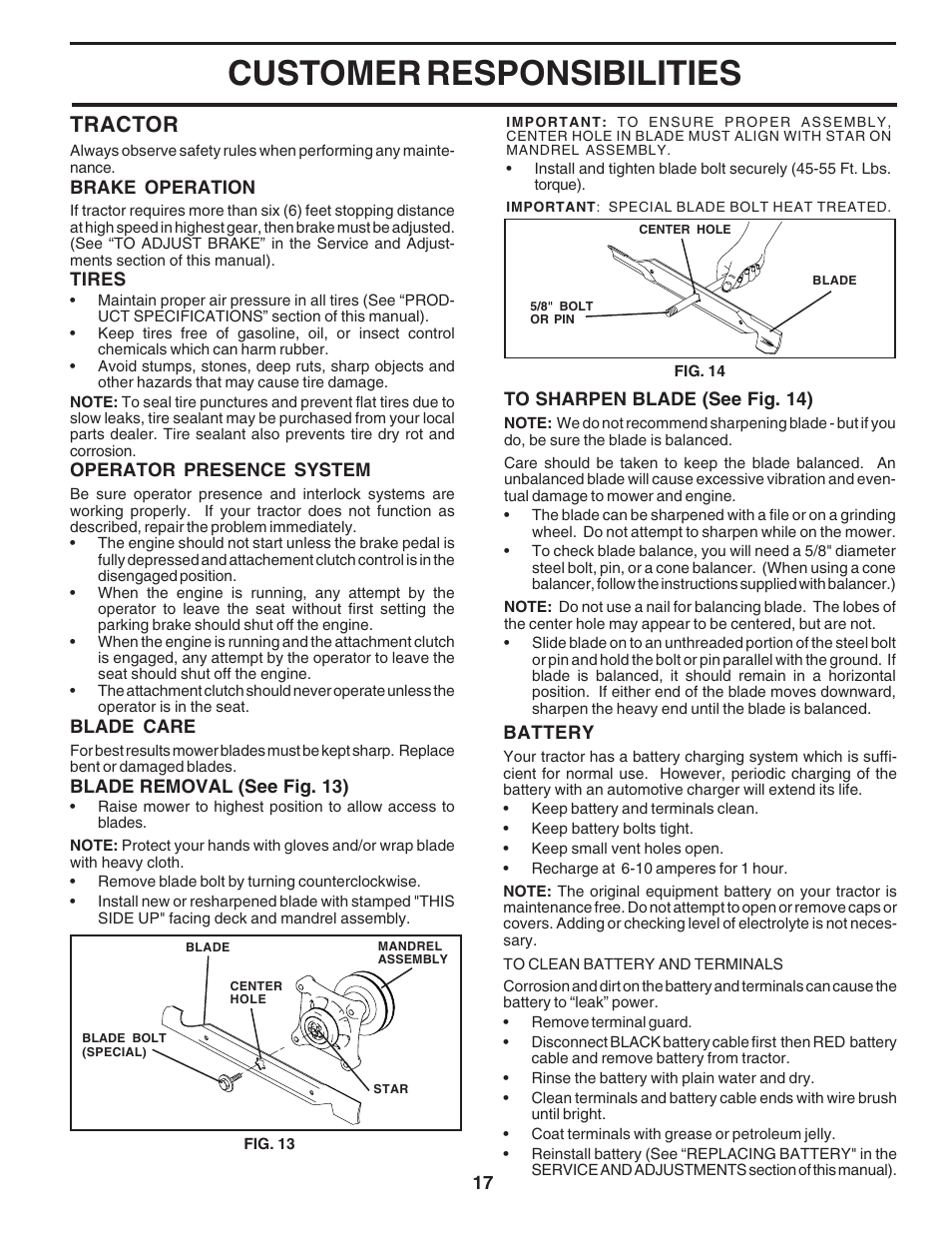 Customer responsibilities, Tractor | Poulan 180278 User Manual | Page 17 / 48