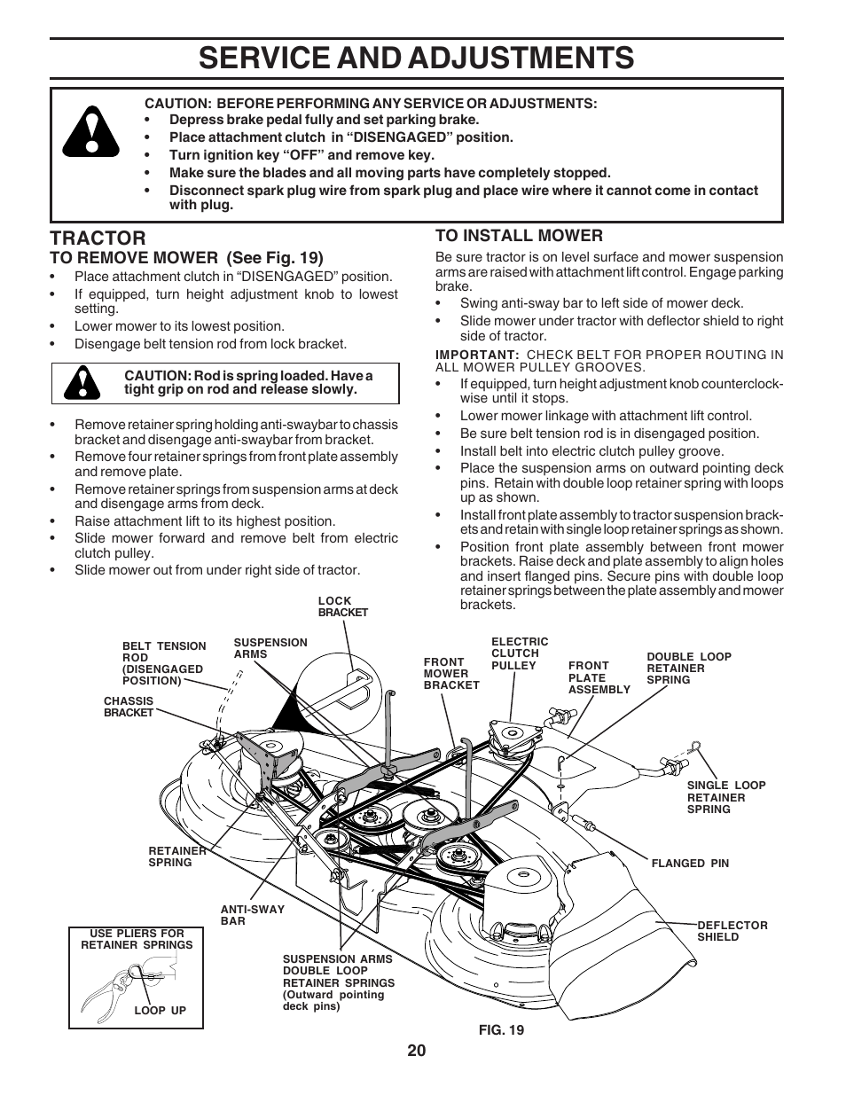 Service and adjustments, Tractor | Poulan 180278 User Manual | Page 20 / 48