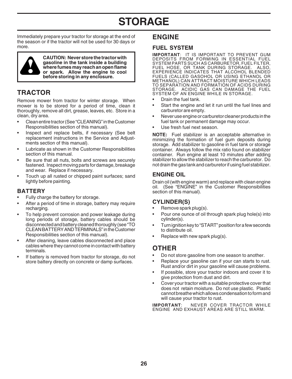 Storage, Tractor, Engine | Other | Poulan 180278 User Manual | Page 26 / 48