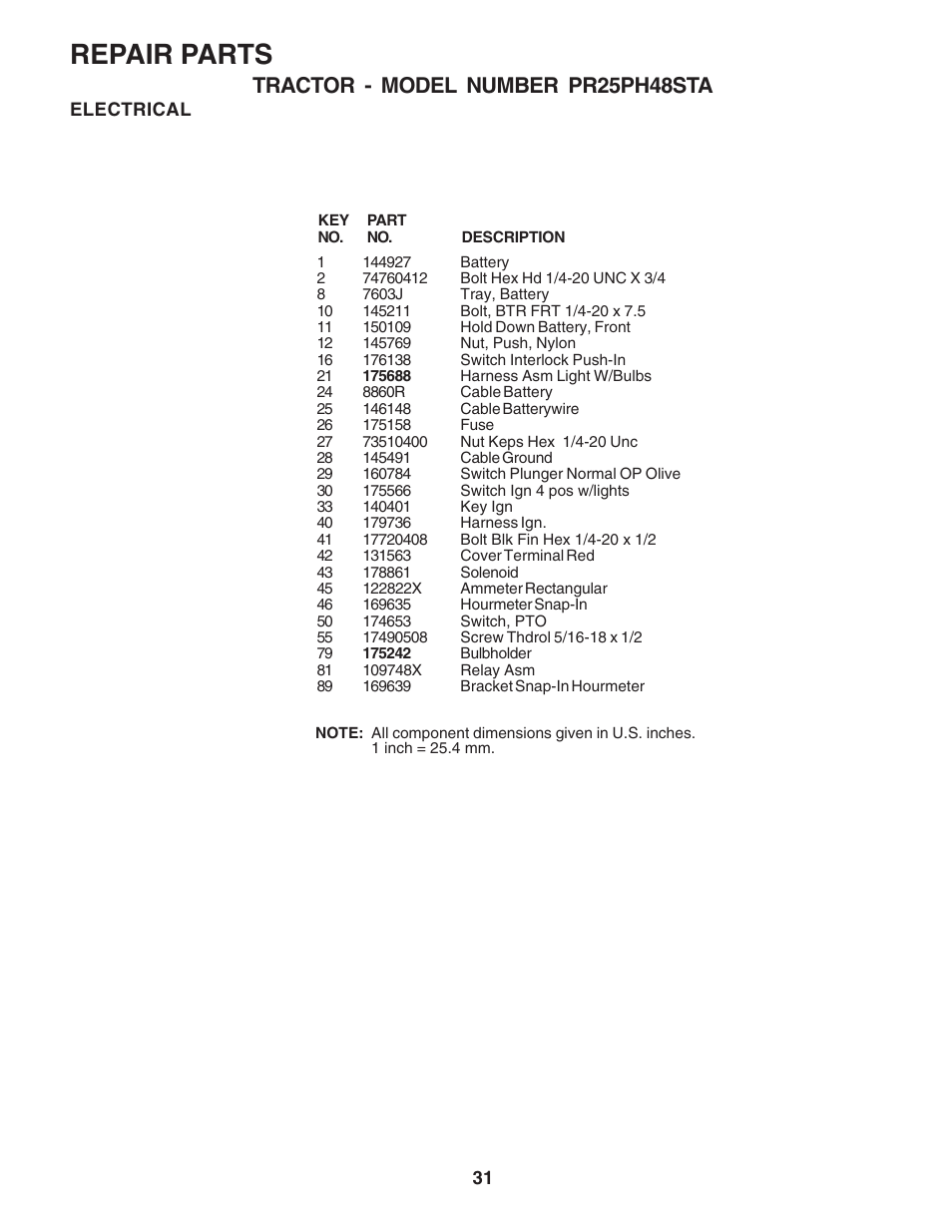 Repair parts, Tractor - model number pr25ph48sta | Poulan 180278 User Manual | Page 31 / 48