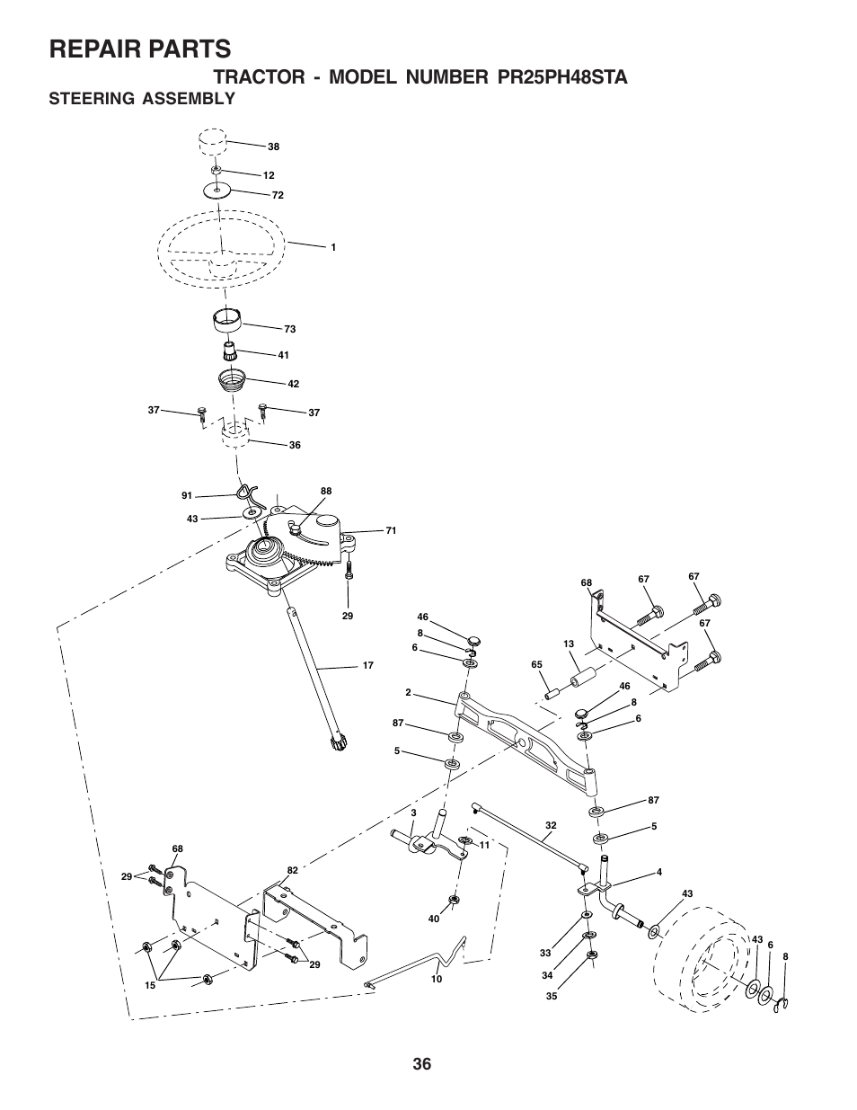Repair parts, Tractor - model number pr25ph48sta, Steering assembly | Poulan 180278 User Manual | Page 36 / 48