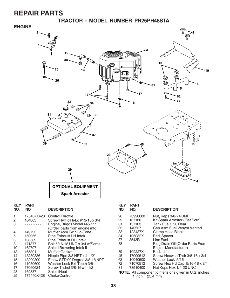 Repair parts, Tractor - model number pr25ph48sta | Poulan 180278 User Manual | Page 38 / 48