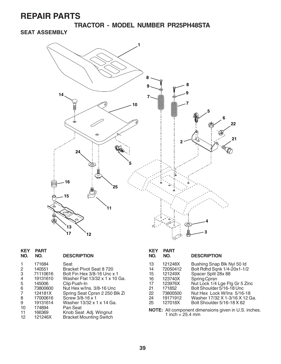 Repair parts, Tractor - model number pr25ph48sta | Poulan 180278 User Manual | Page 39 / 48