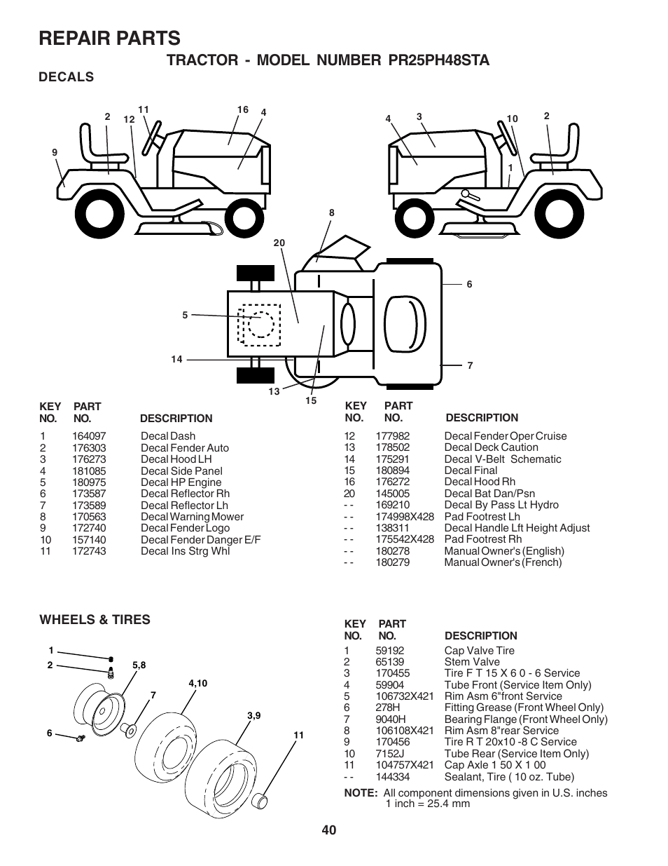 Repair parts, Tractor - model number pr25ph48sta | Poulan 180278 User Manual | Page 40 / 48