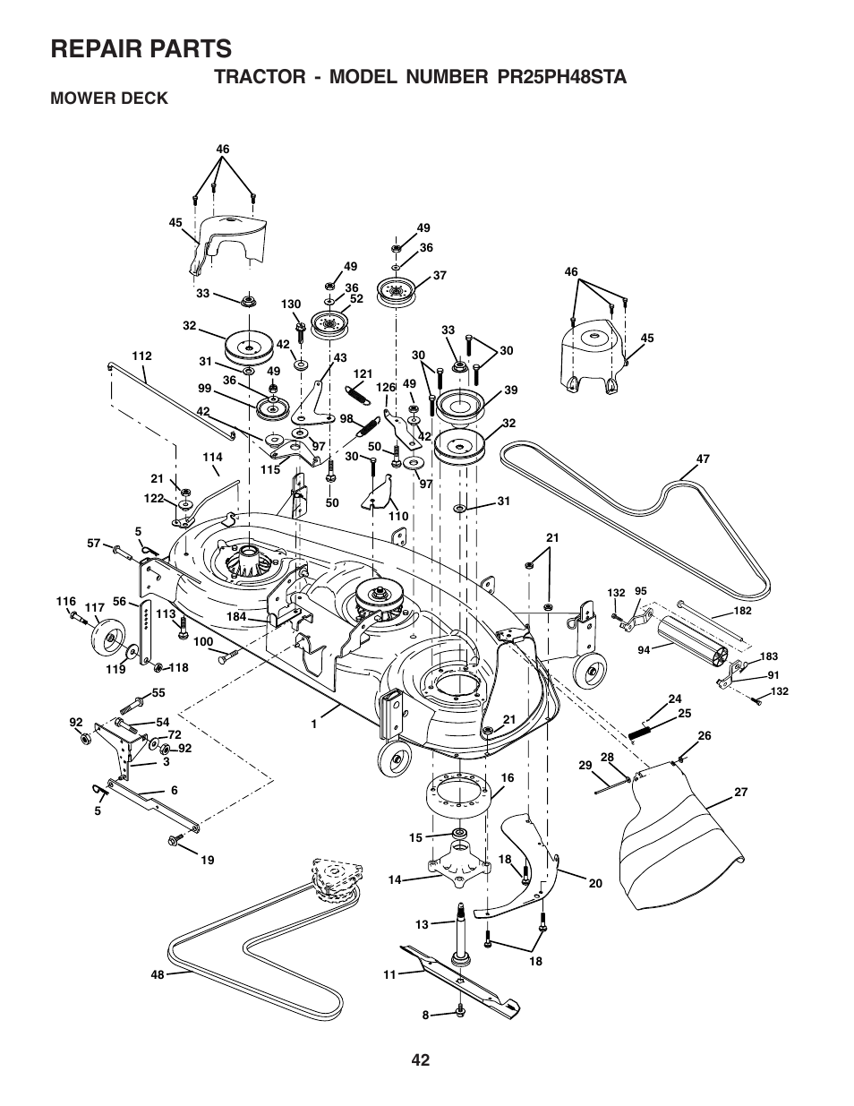 Repair parts, Tractor - model number pr25ph48sta, Mower deck | Poulan 180278 User Manual | Page 42 / 48