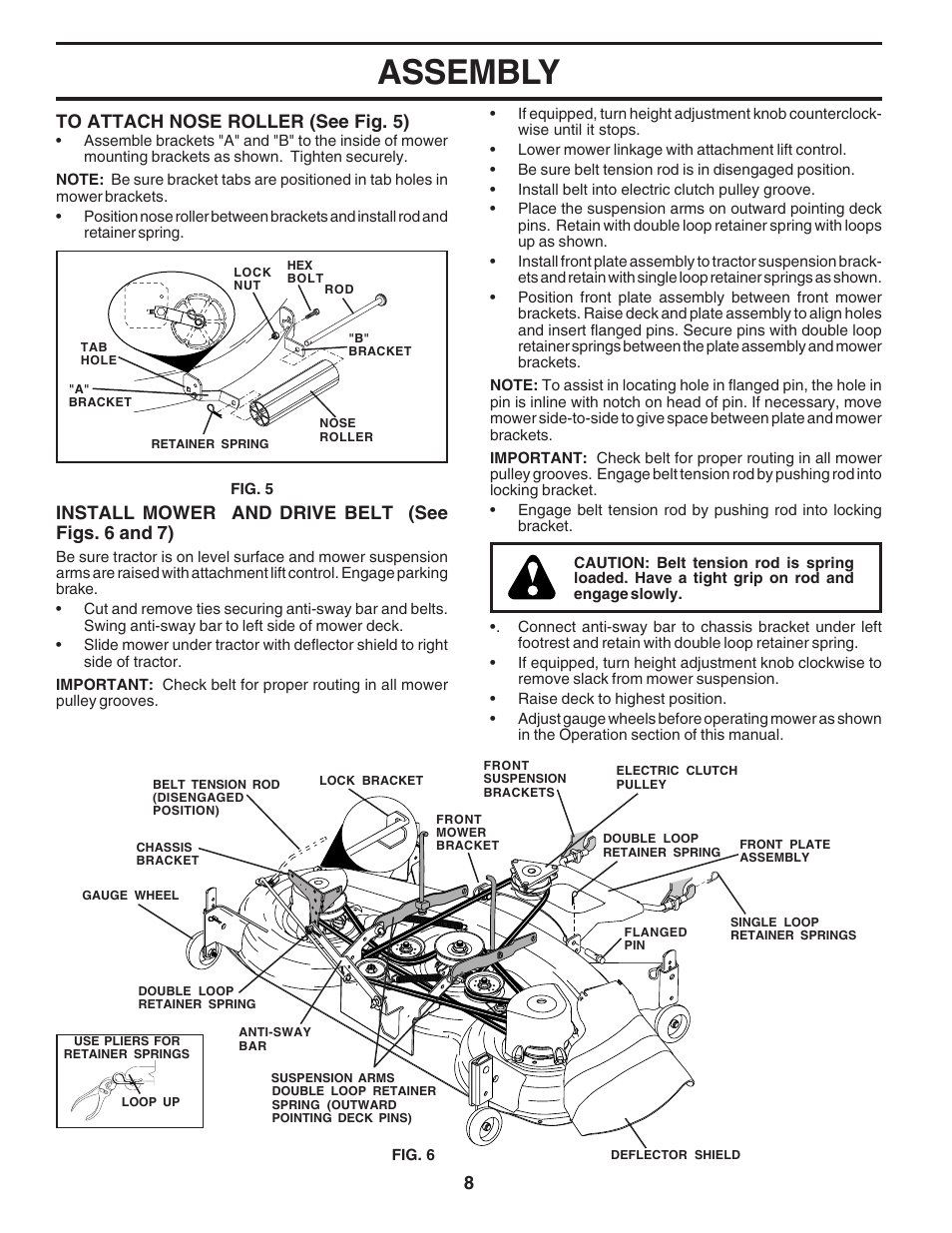 Assembly, 8install mower and drive belt (see figs. 6 and 7) | Poulan 180278 User Manual | Page 8 / 48
