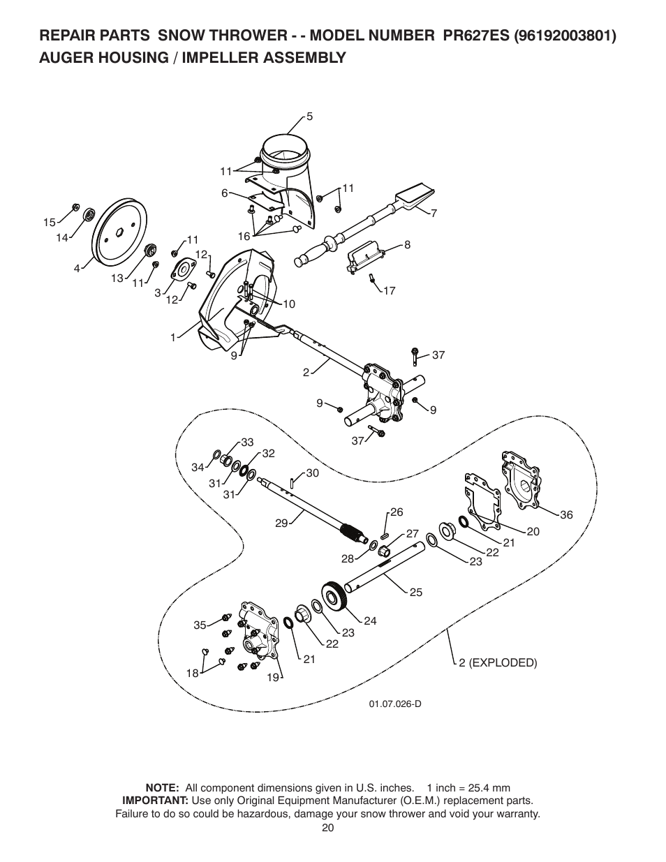 Repair parts, Auger housing / impeller assembly | Poulan Pro PR627ES SNOW THROWER User Manual | Page 20 / 40