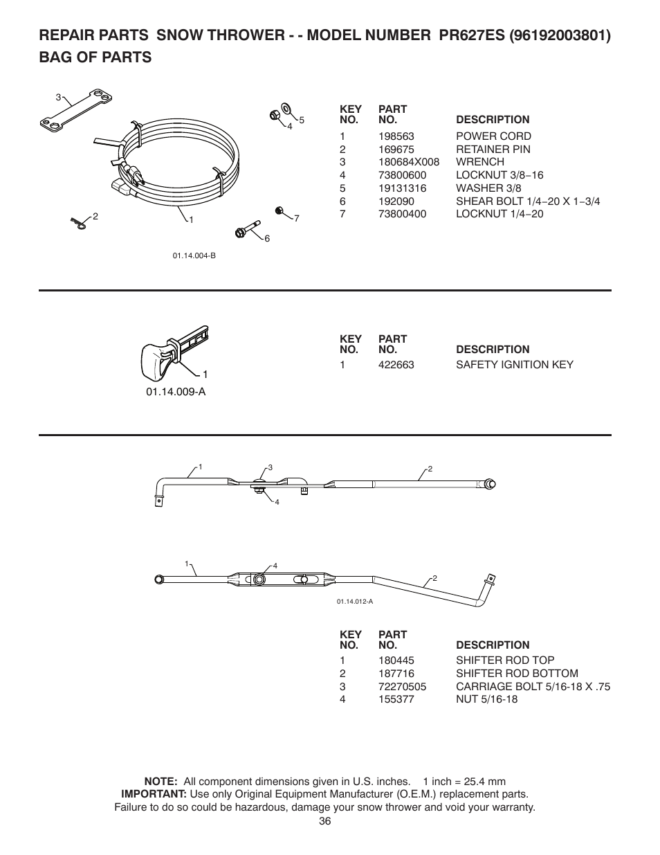 Bag of parts | Poulan Pro PR627ES SNOW THROWER User Manual | Page 36 / 40