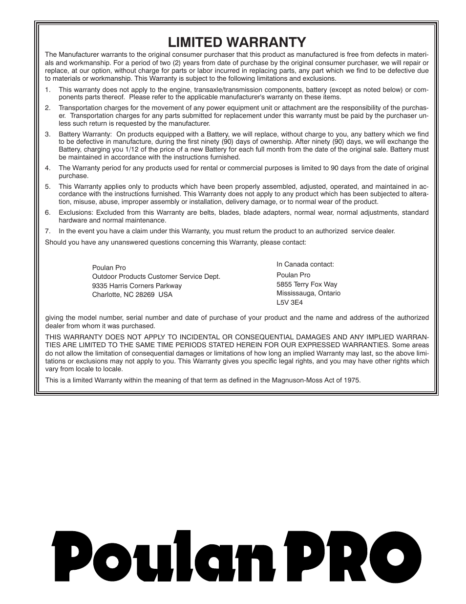 Limited warranty | Poulan Pro PR627ES SNOW THROWER User Manual | Page 40 / 40