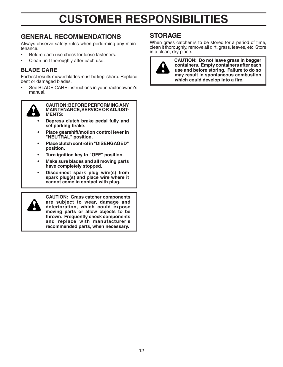 Customer responsibilities, Storage, General recommendations | Poulan 964 04 06-07 User Manual | Page 12 / 15