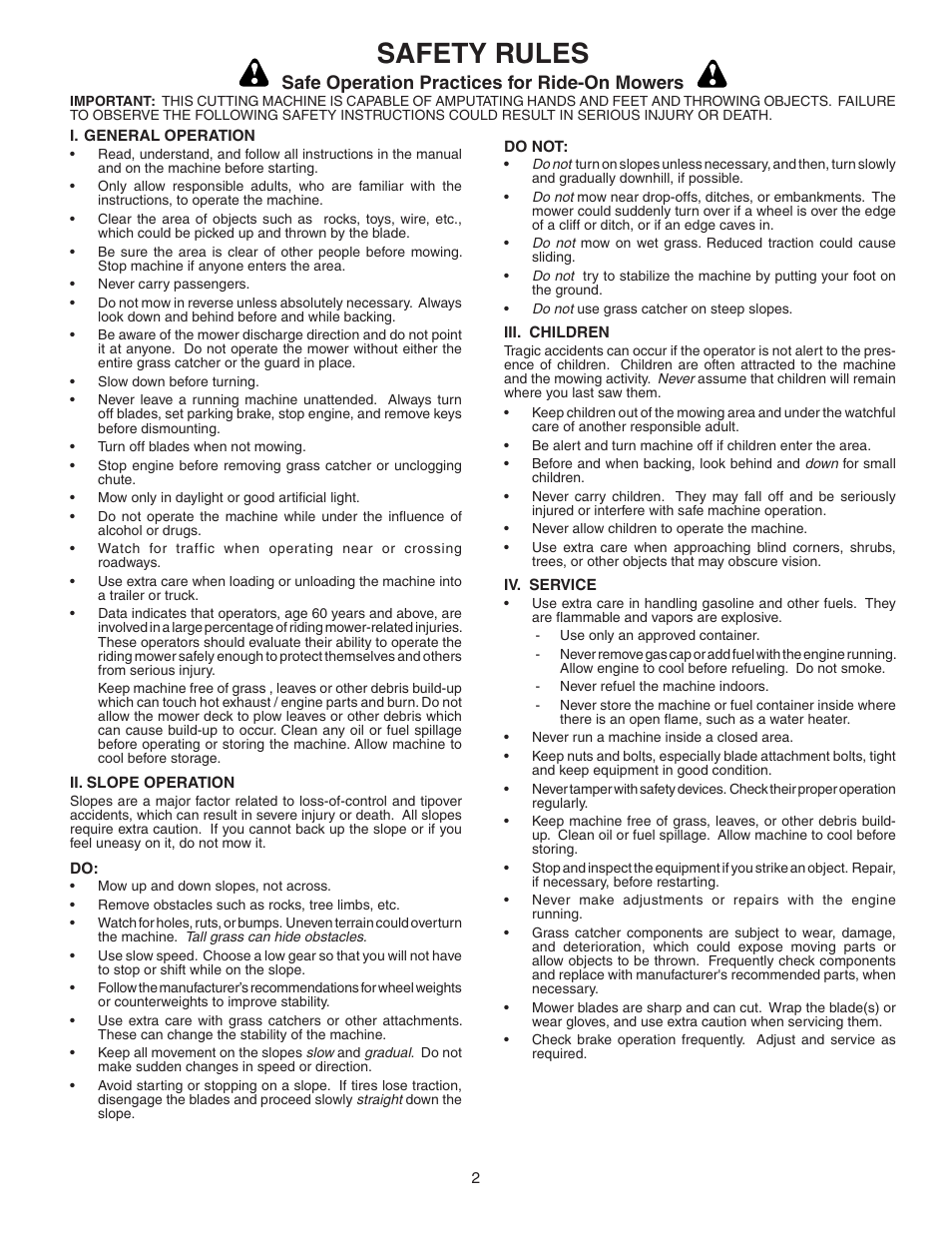 Safety rules, Safe operation practices for ride-on mowers | Poulan 964 04 06-07 User Manual | Page 2 / 15