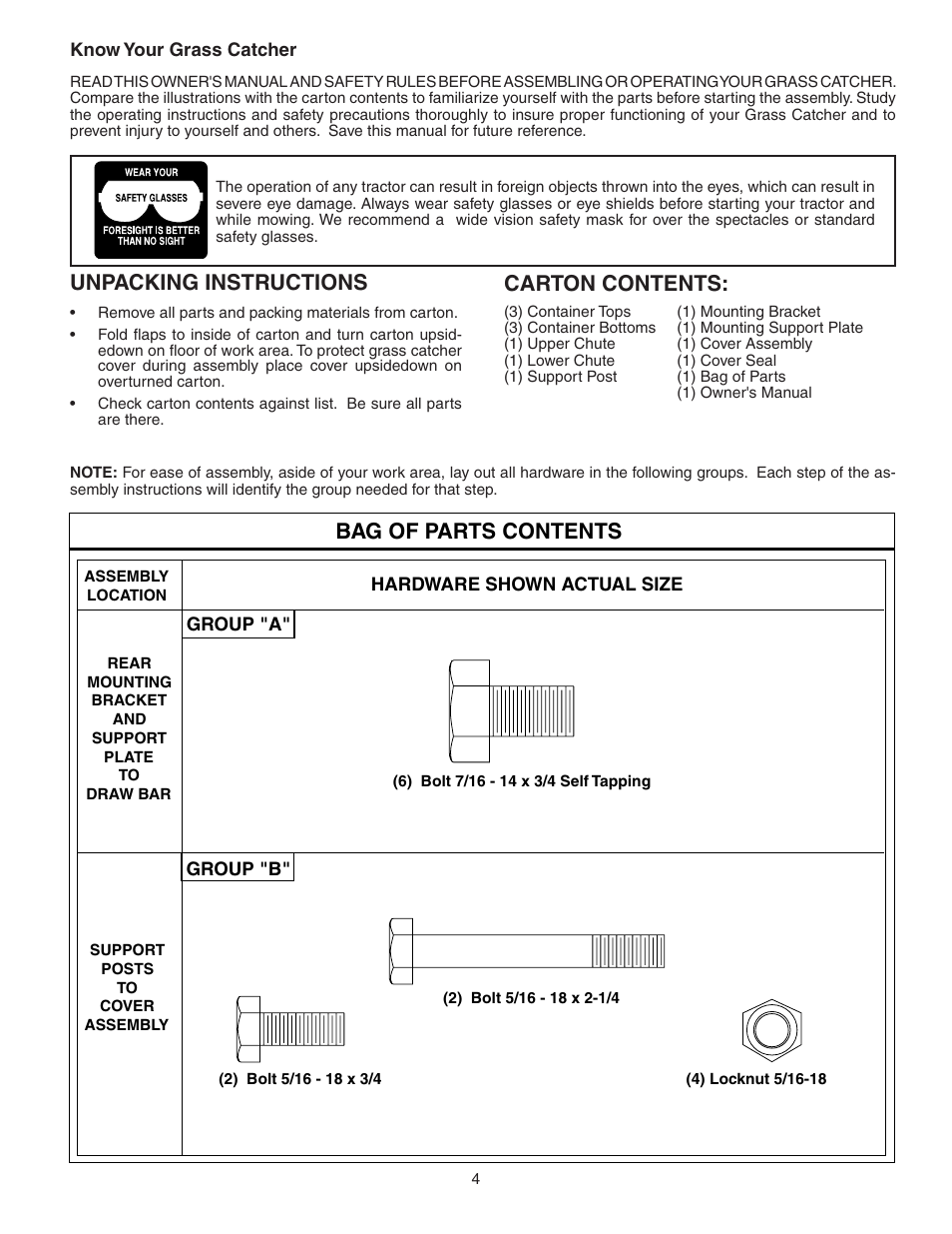 Unpacking instructions, Carton con tents, Bag of parts contents | Poulan 964 04 06-07 User Manual | Page 4 / 15