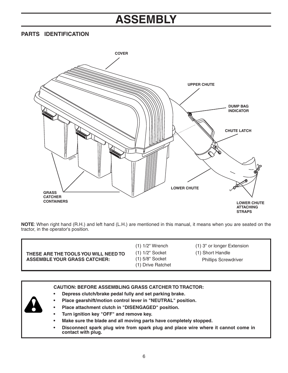 Assembly, Parts identification, Lower chute attaching straps | Poulan 964 04 06-07 User Manual | Page 6 / 15