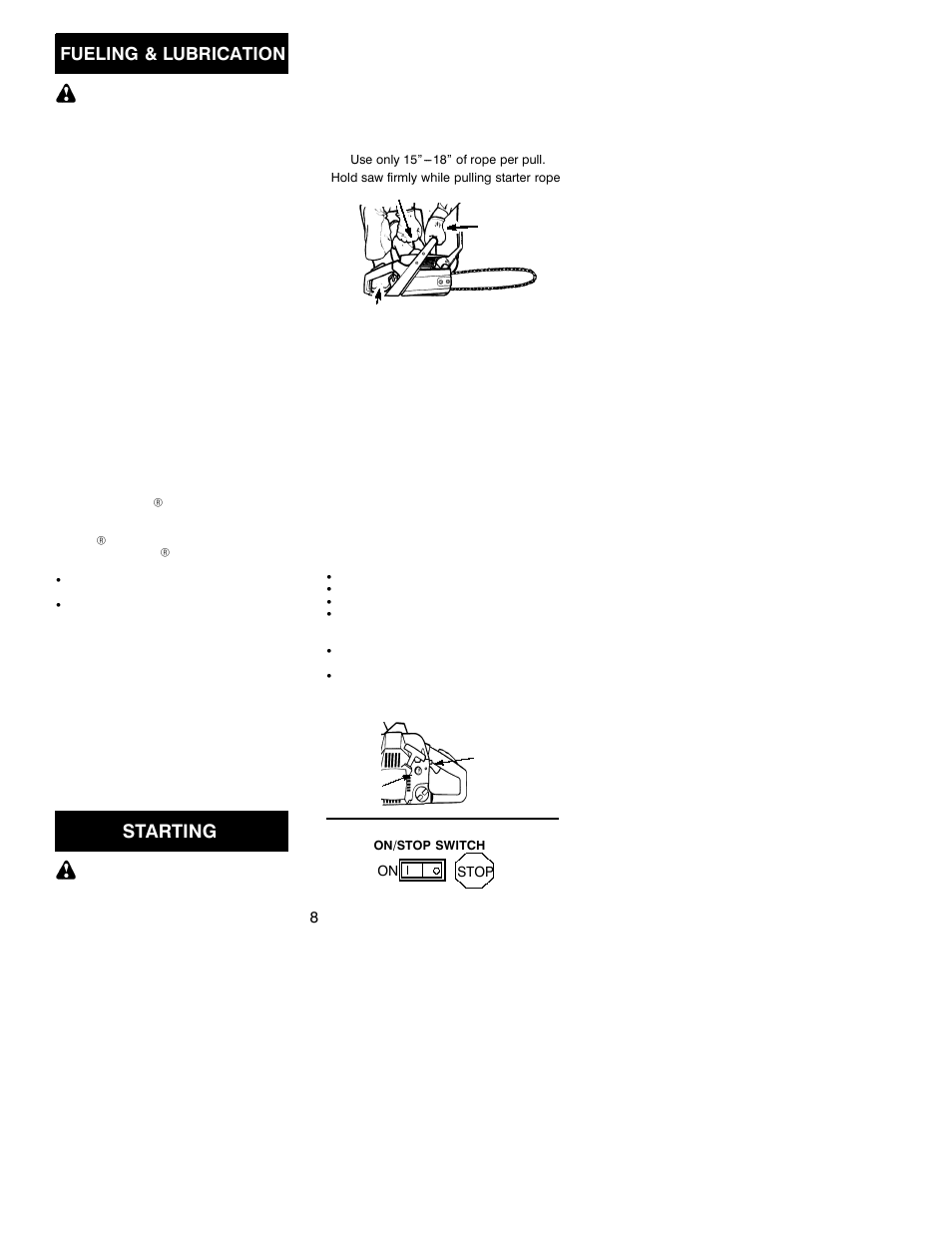 Starting, Fueling & lubrication | Poulan 2001-03 User Manual | Page 8 / 16