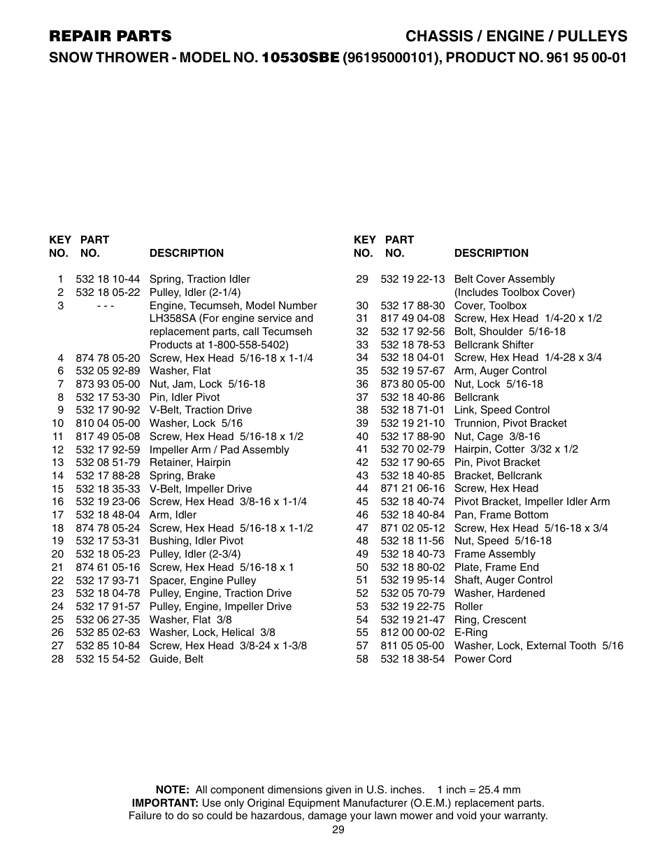 Repair parts chassis / engine / pulleys | Poulan 961 95 00-01 User Manual | Page 10 / 12