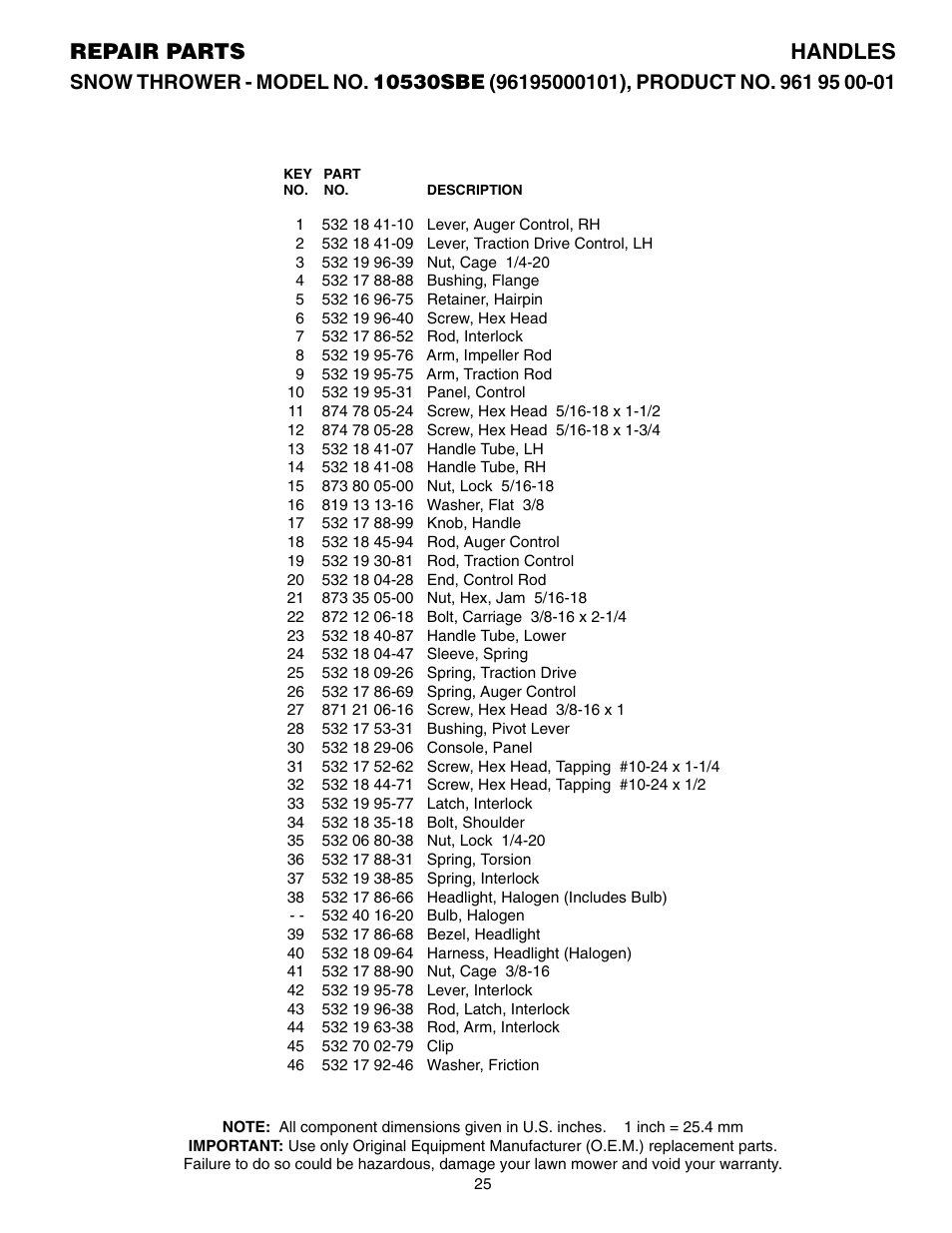 Repair parts handles | Poulan 961 95 00-01 User Manual | Page 6 / 12