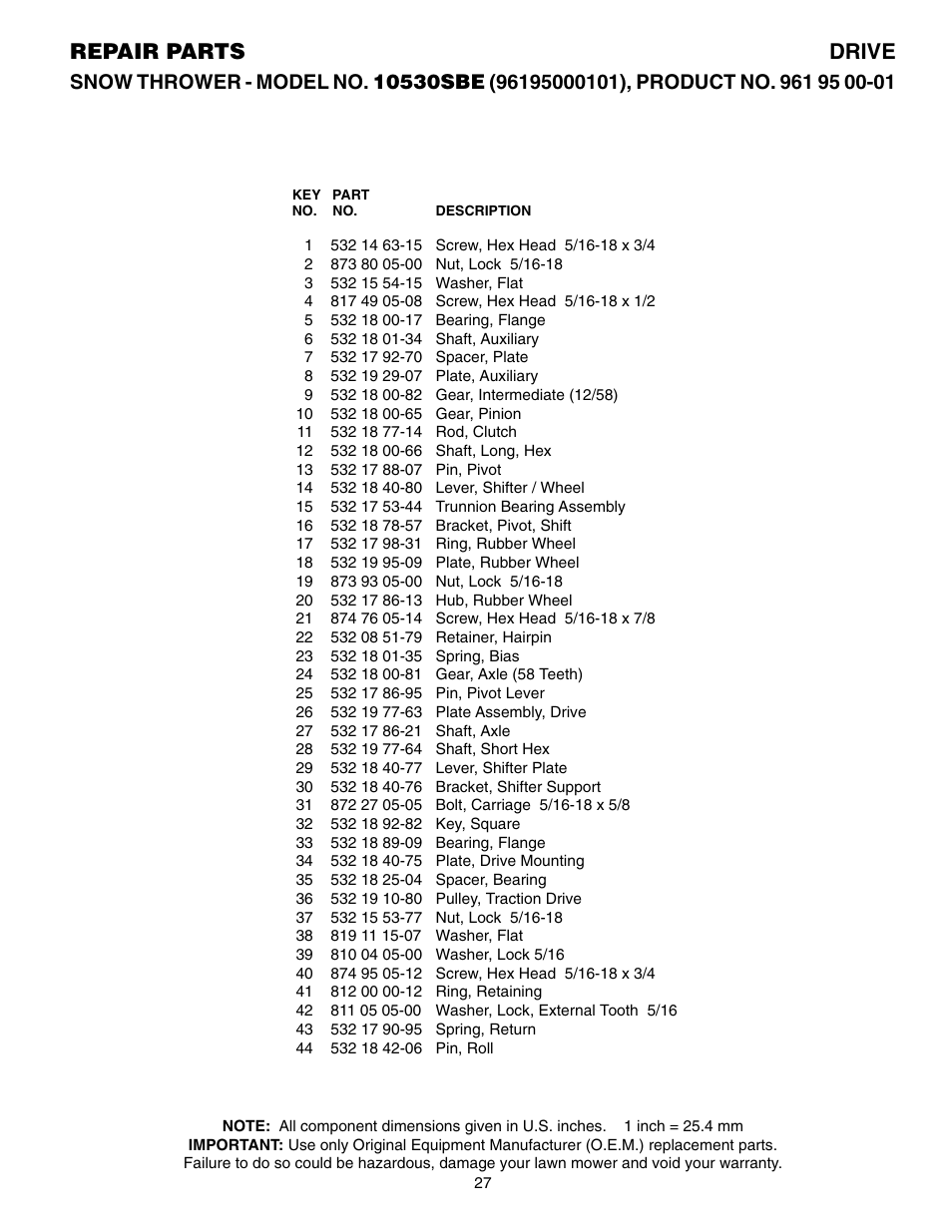 Repair parts drive | Poulan 961 95 00-01 User Manual | Page 8 / 12