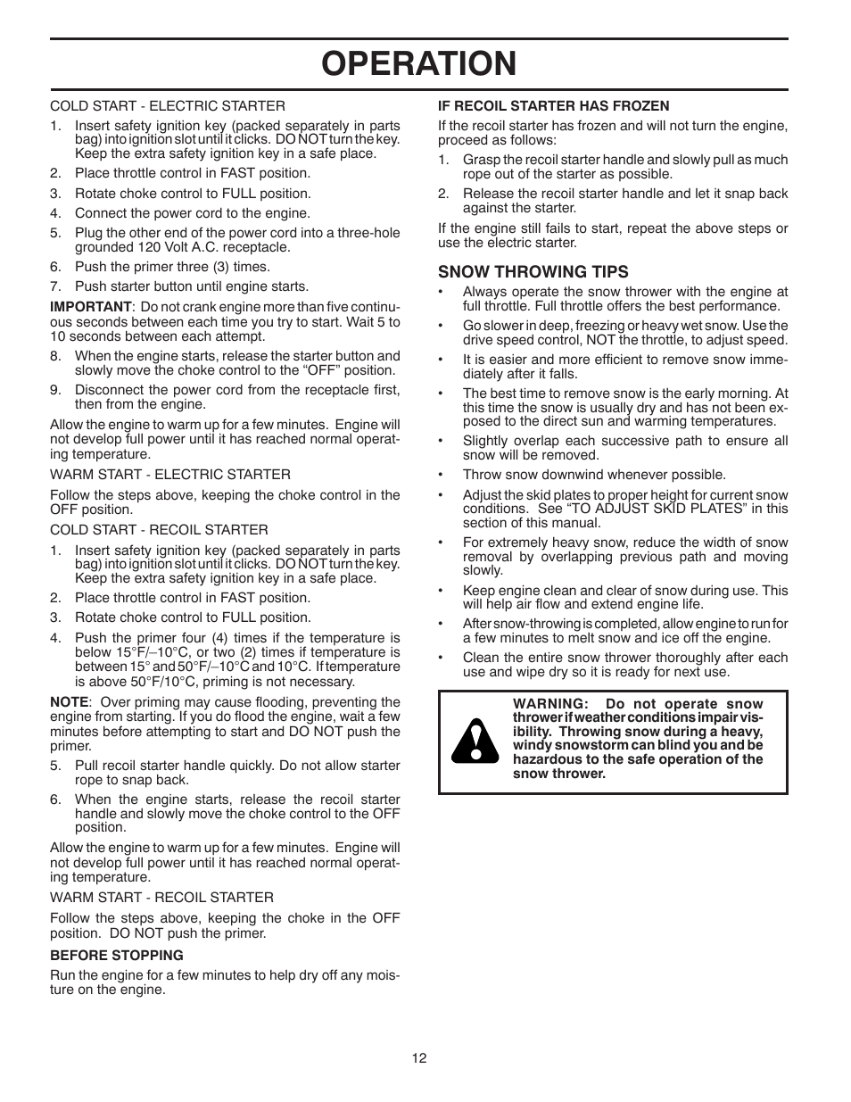 Operation | Poulan XT5524ES User Manual | Page 12 / 40
