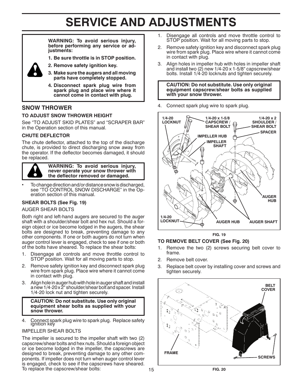 Service and adjustments, Snow thrower | Poulan XT5524ES User Manual | Page 15 / 40