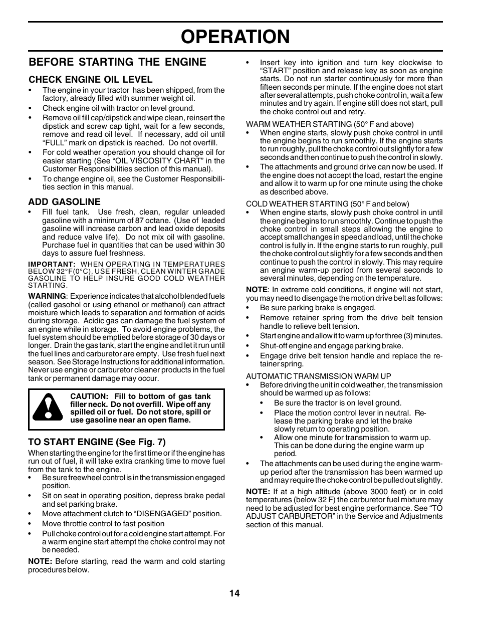 Operation, Before starting the engine | Poulan 178497 User Manual | Page 14 / 52
