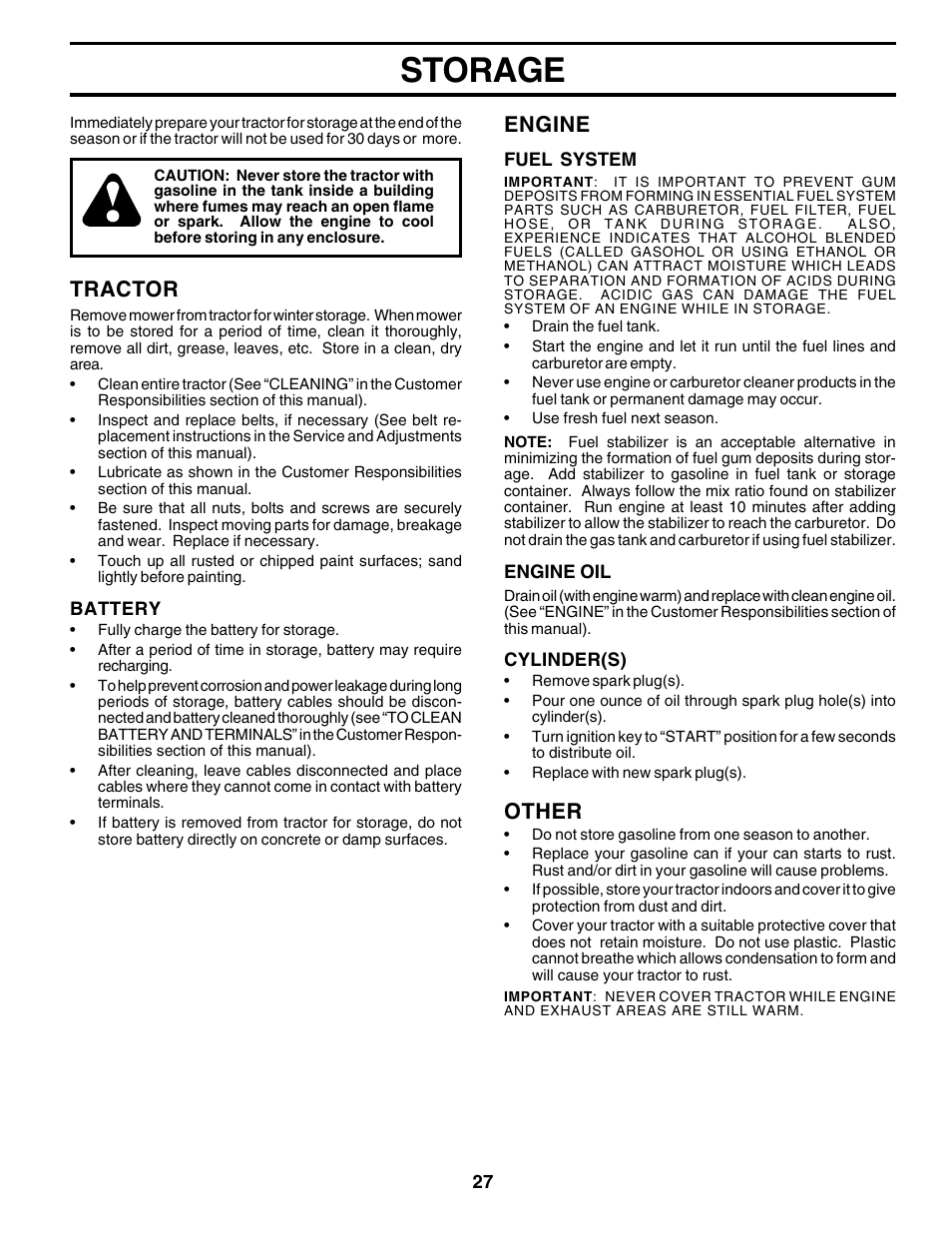 Storage, Tractor, Engine | Other | Poulan 178497 User Manual | Page 27 / 52