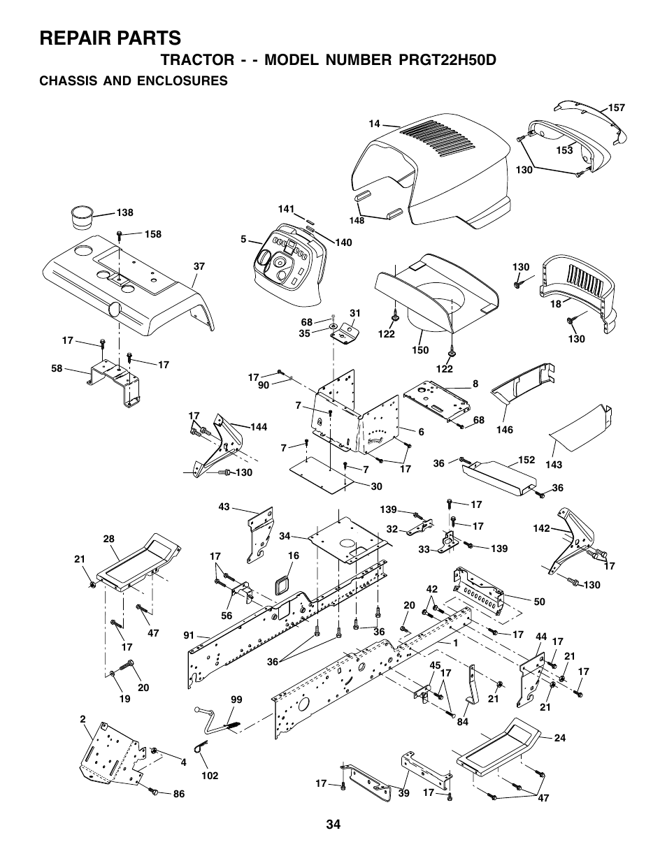 Repair parts, Tractor - - model number prgt22h50d, Chassis and enclosures | Poulan 178497 User Manual | Page 34 / 52