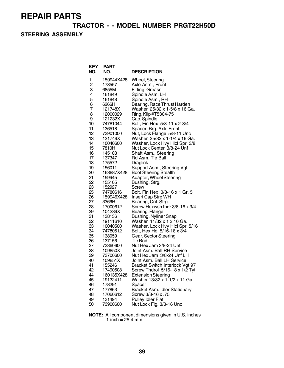 Repair parts, Tractor - - model number prgt22h50d | Poulan 178497 User Manual | Page 39 / 52