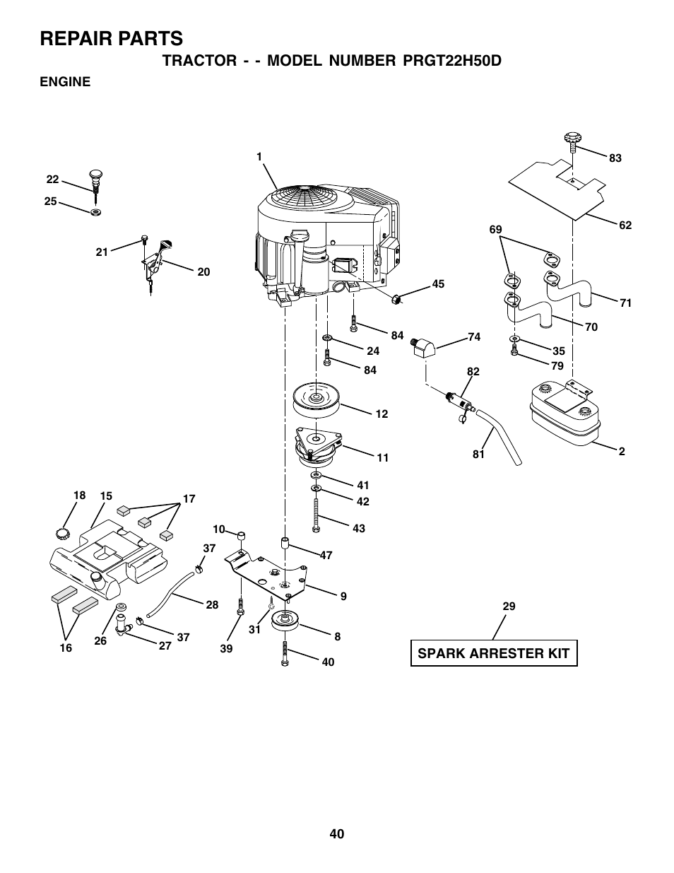 Repair parts, Tractor - - model number prgt22h50d | Poulan 178497 User Manual | Page 40 / 52