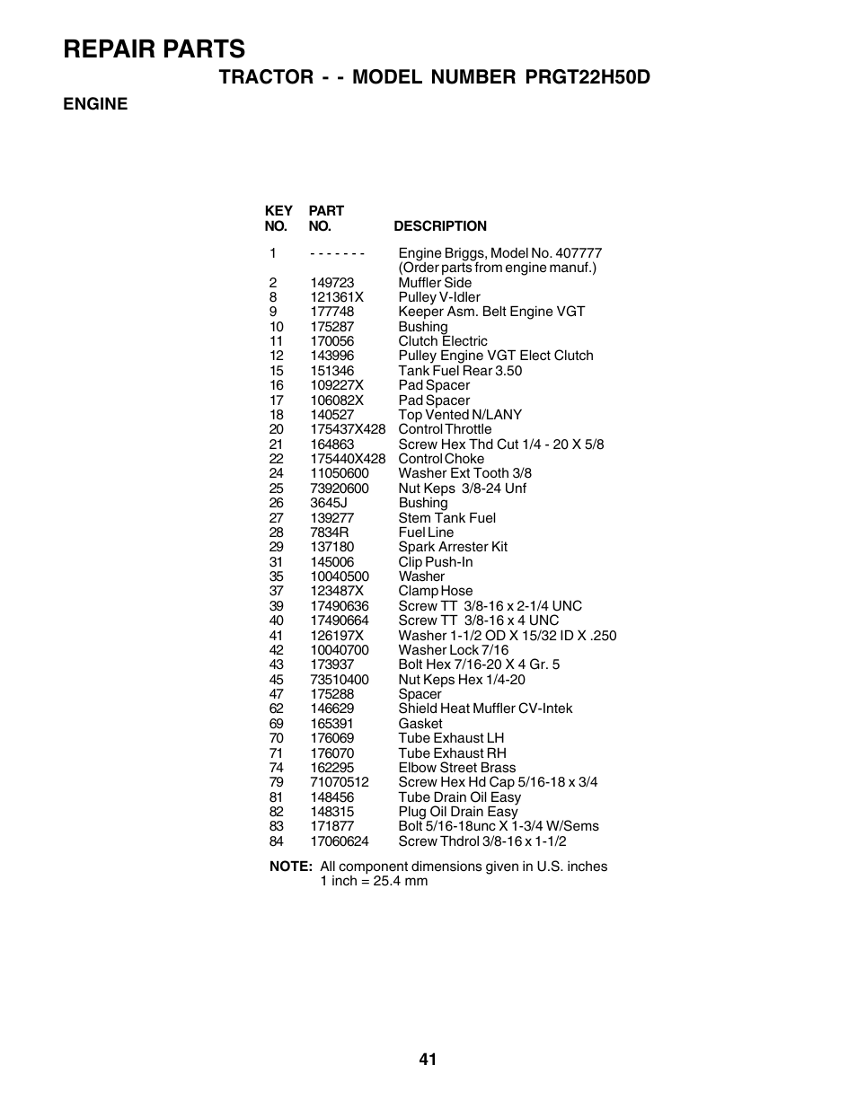 Repair parts, Tractor - - model number prgt22h50d | Poulan 178497 User Manual | Page 41 / 52