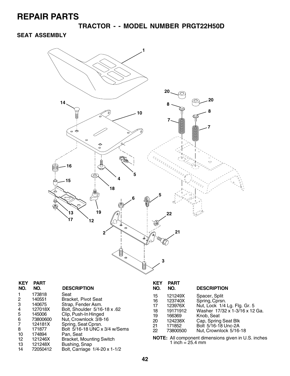 Repair parts, Tractor - - model number prgt22h50d | Poulan 178497 User Manual | Page 42 / 52