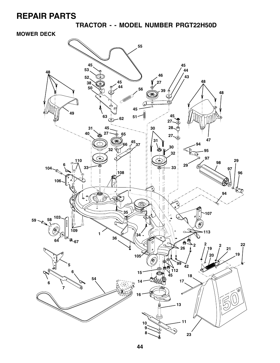 Repair parts, Tractor - - model number prgt22h50d, Mower deck | Poulan 178497 User Manual | Page 44 / 52