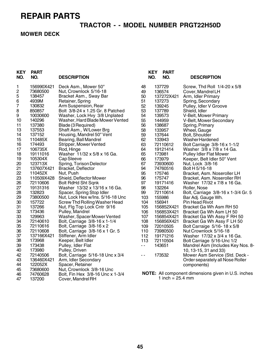 Repair parts, Tractor - - model number prgt22h50d | Poulan 178497 User Manual | Page 45 / 52