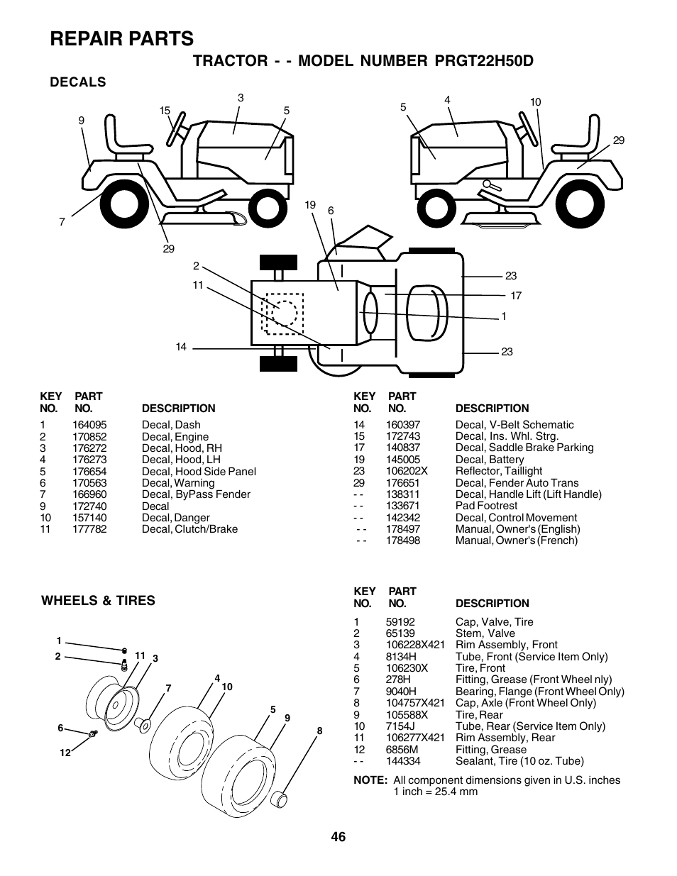Repair parts, Tractor - - model number prgt22h50d | Poulan 178497 User Manual | Page 46 / 52