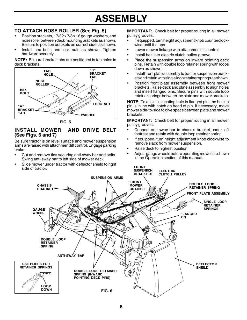 Assembly, Install mower and drive belt (see figs. 6 and 7) | Poulan 178497 User Manual | Page 8 / 52