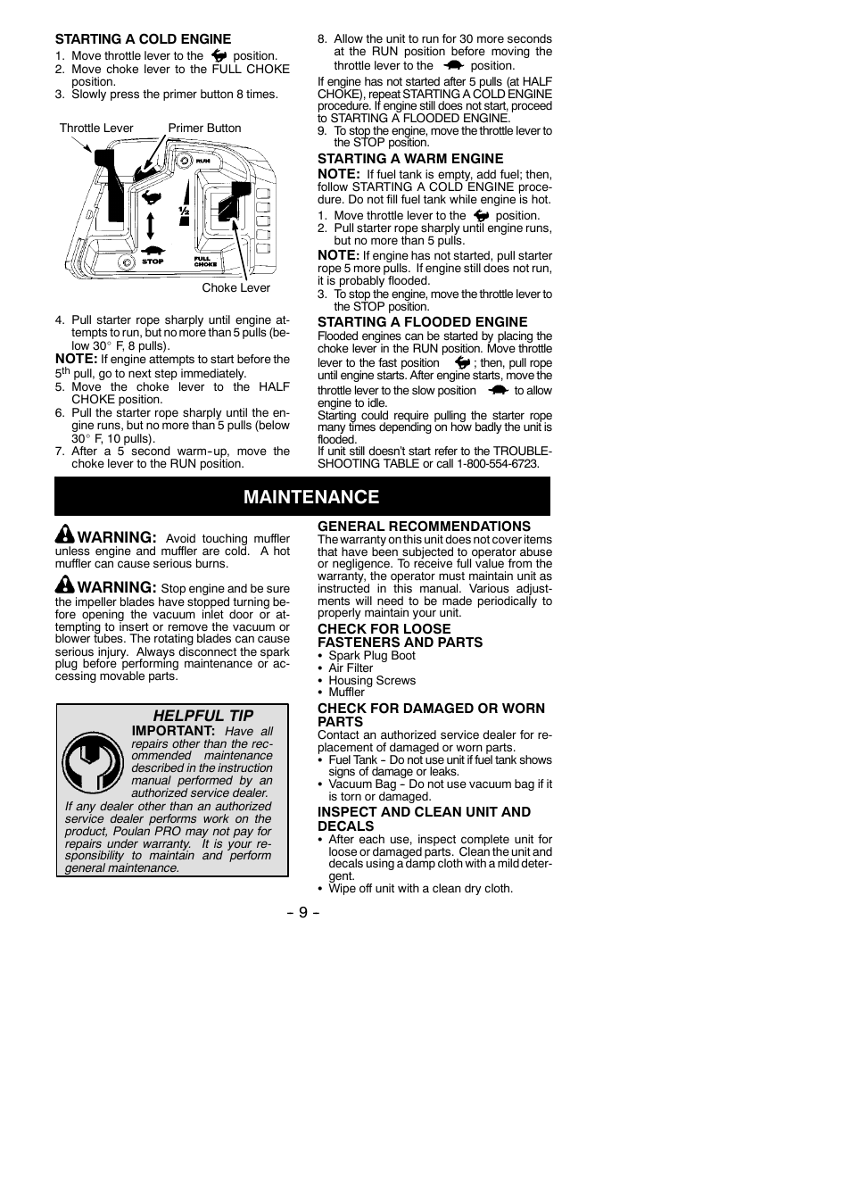 Maintenance, Warning, Helpful tip | Poulan PBV200 LE User Manual | Page 9 / 13