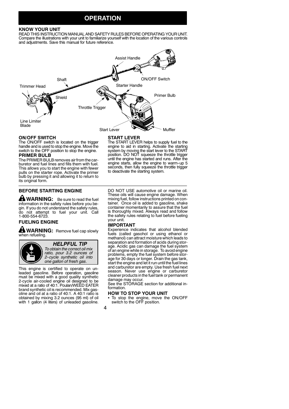 Operation, Warning, Helpful tip | Poulan 545137282 User Manual | Page 4 / 12