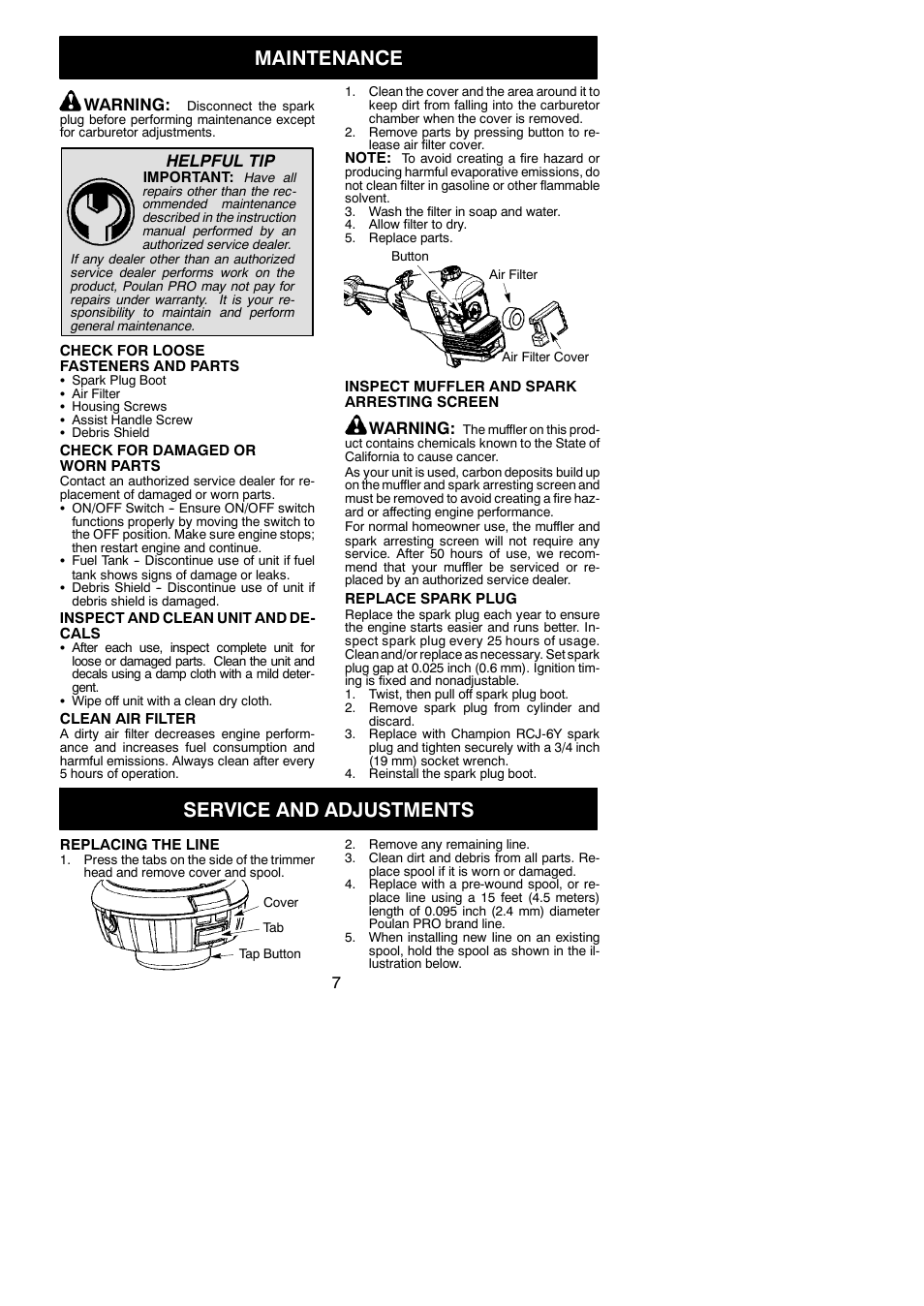 Maintenance, Service and adjustments, Warning | Helpful tip | Poulan 545137282 User Manual | Page 7 / 12