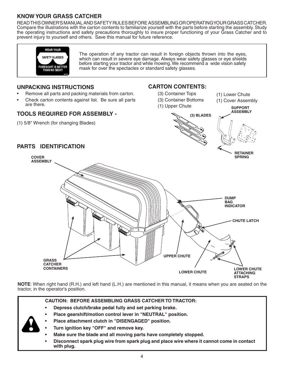 Know your grass catcher, Parts identification, Unpacking instructions | Carton contents, Tools required for assembly | Poulan GTB54A User Manual | Page 4 / 11
