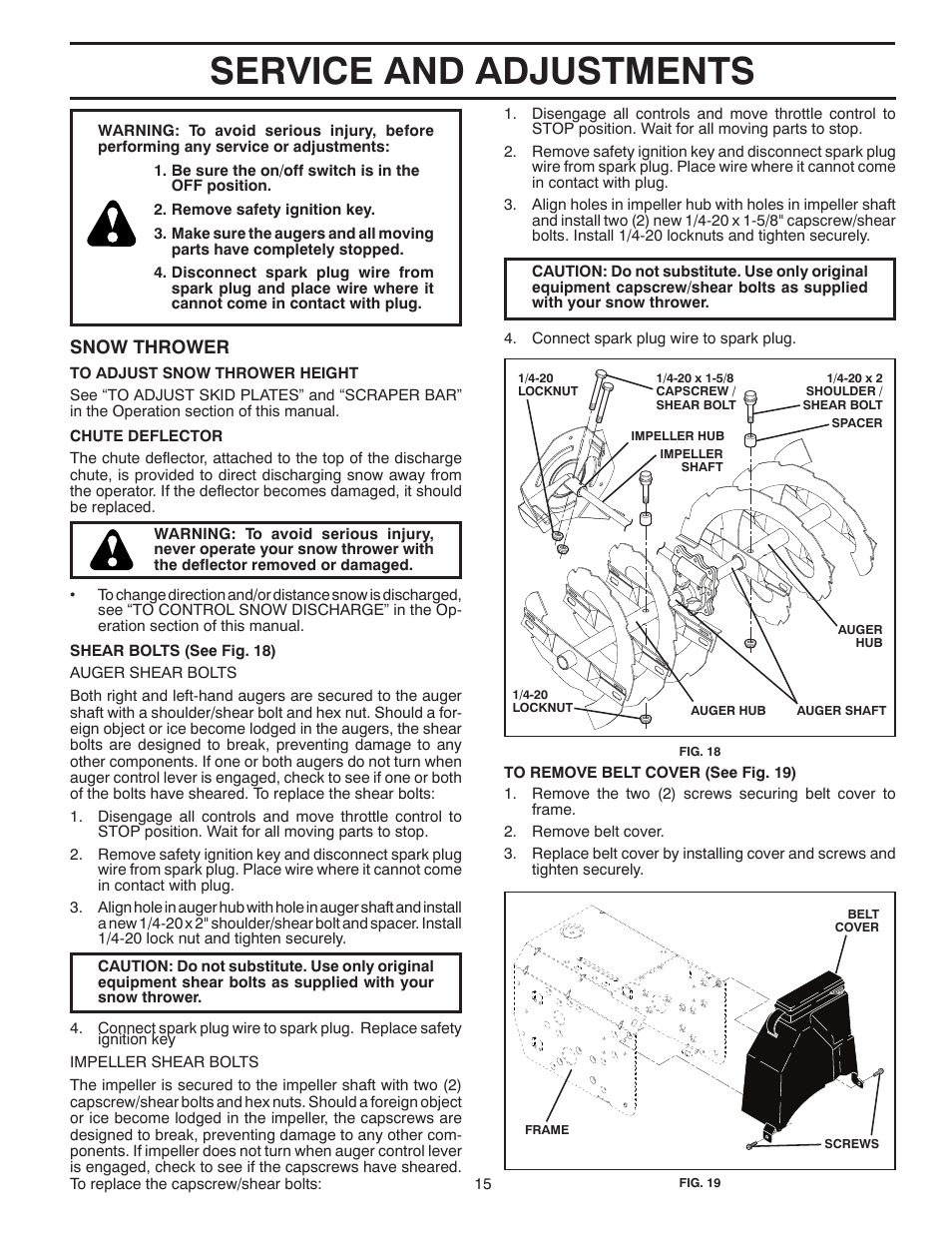 Service and adjustments, Snow thrower | Poulan 421602 User Manual | Page 15 / 40