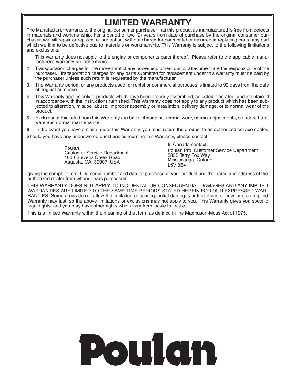 Limited warranty | Poulan 421602 User Manual | Page 40 / 40