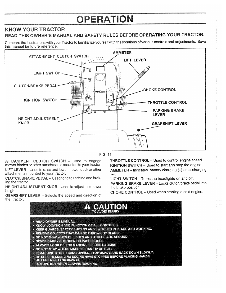 Operation, Caution, Know your tractor | Poulan XC1182B User Manual | Page 11 / 32