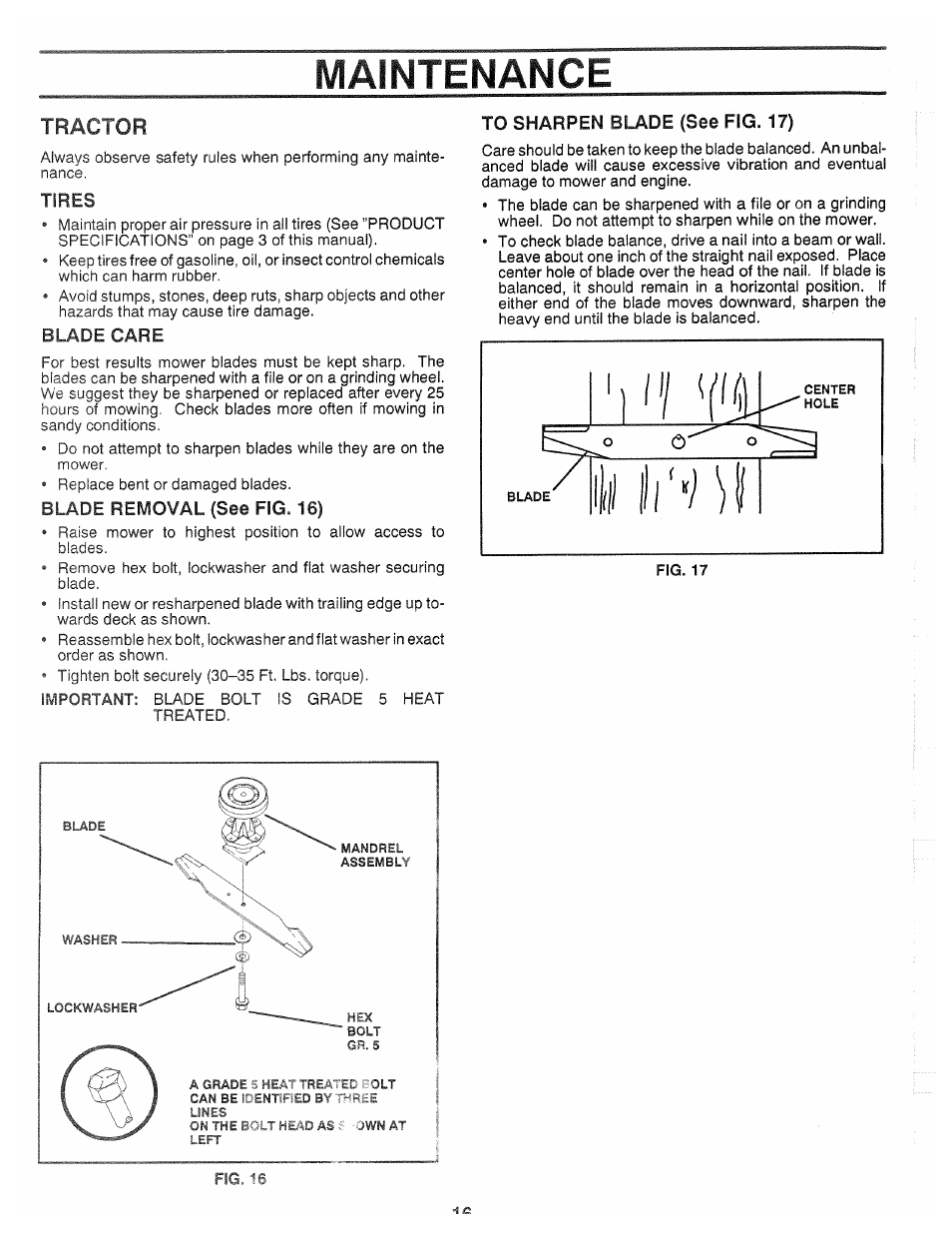 Tractor, Blade care, Blade removal (see fig. 16) | To sharpen blade (see fig. 17), Maintenance | Poulan XC1182B User Manual | Page 16 / 32