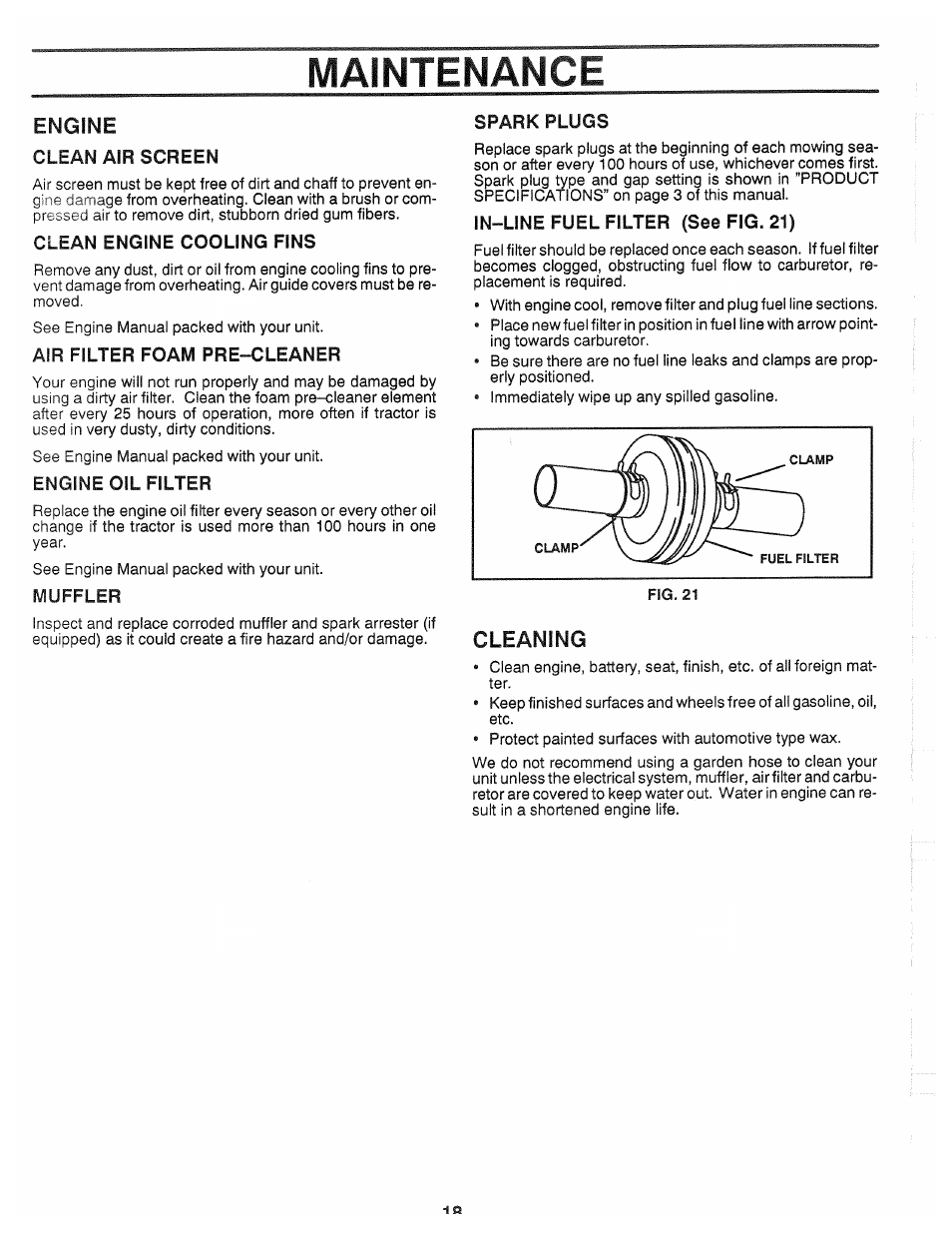 Clean air screen, Clean engine cooling fins, Air filter foam pre-cleaner | Engine oil filter, Muffler, Spark plugs, In-line fuel filter (see fig. 21), Maintenance, Engine, Cleaning | Poulan XC1182B User Manual | Page 18 / 32