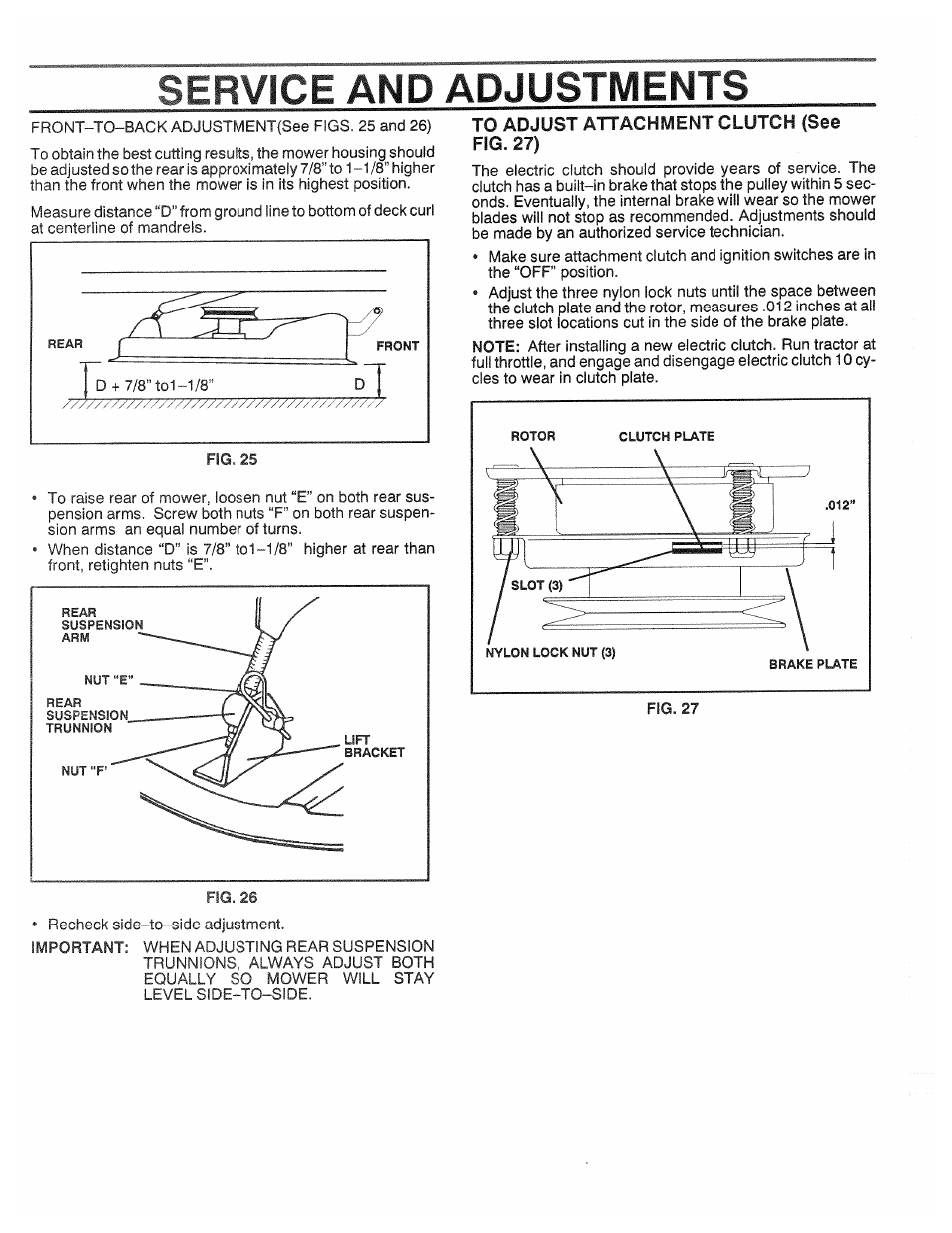 To adjust attachment clutch (see fig. 27), Service and adjustments | Poulan XC1182B User Manual | Page 20 / 32