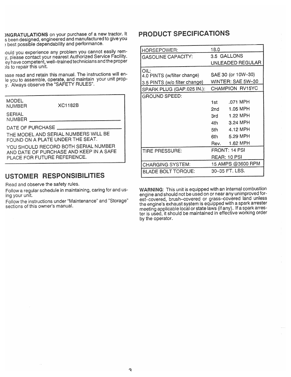 Product specifications, Ustomer responsibilities | Poulan XC1182B User Manual | Page 3 / 32