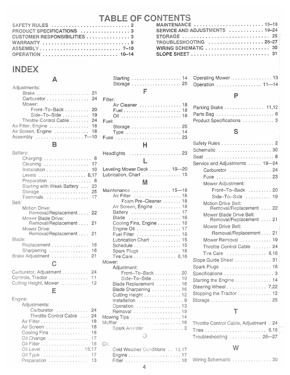 Table of, Index | Poulan XC1182B User Manual | Page 4 / 32