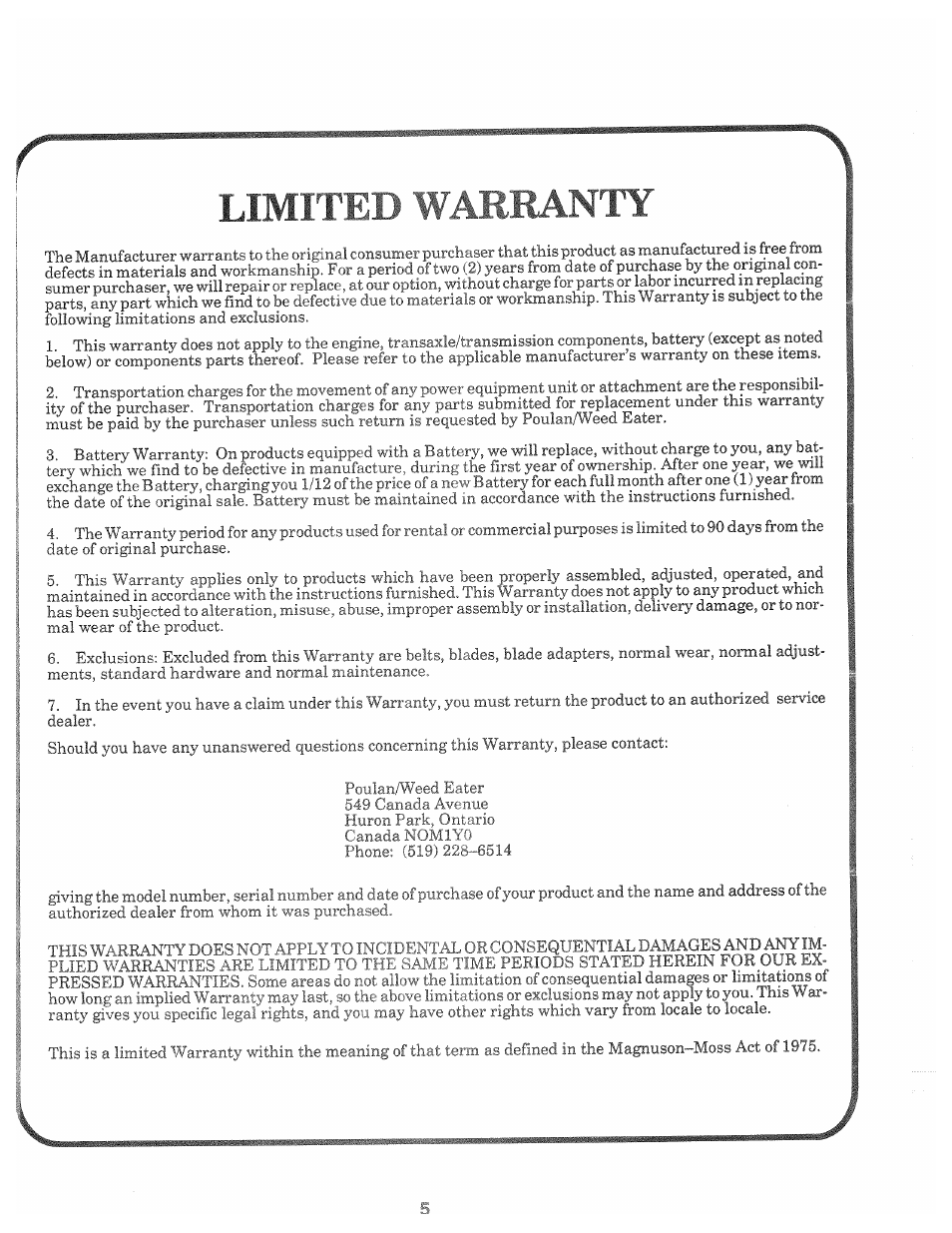 Limited warranty | Poulan XC1182B User Manual | Page 5 / 32