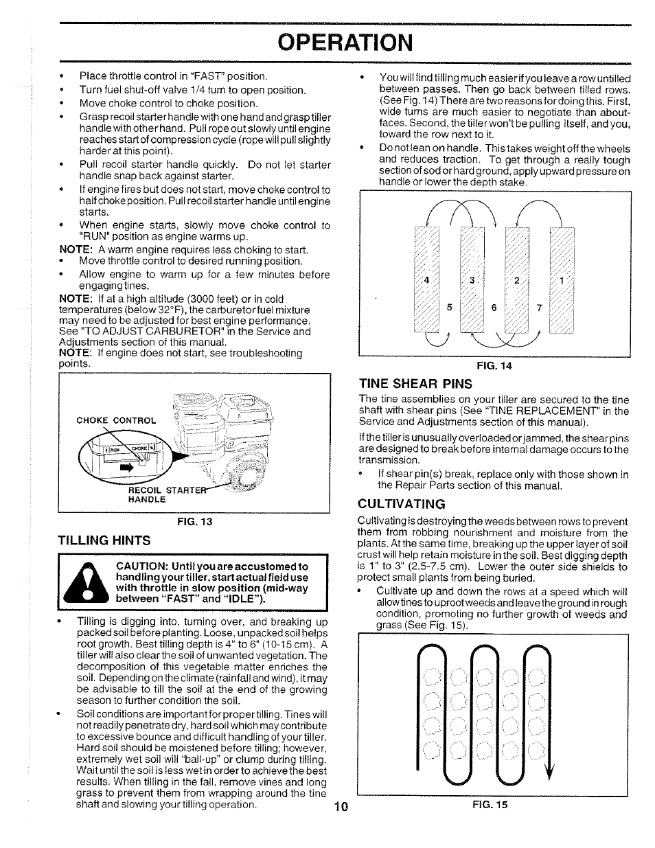 Tine shear pins, Cultivating, Operation | Poulan 175668 User Manual | Page 10 / 28